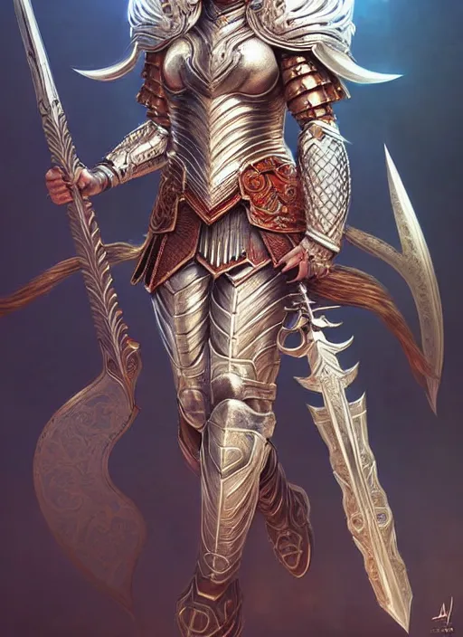 Image similar to warrior, intricate ornate opal heavy armor!!! beautiful and athletic white hair female!! gorgeous face and eyes!! character concept art, sharp focus, octane render! unreal engine 5! highly rendered!! trending on artstation!! detailed linework!! illustration by artgerm, wlop, and chie yoshii