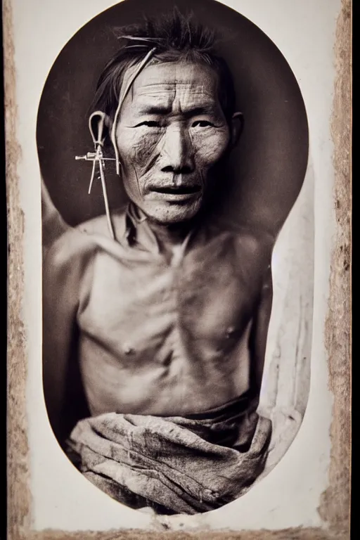Image similar to ultra realistic vintage photo portrait of a tibetan man with a blank hole cross the head, by Irving Penn