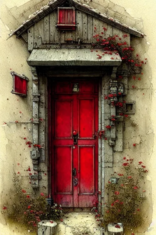 Image similar to ( ( ( ( ( decaorated red door, intricate. muted colors. ) ) ) ) ) by jean - baptiste monge!!!!!!!!!!!!!!!!!!!!!!!!!!!