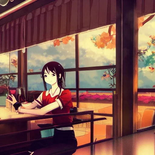 Prompt: Anime girl in a typical coffee shop in Quindio, Artwork by Makoto Shinkai, official media, 8k, pixiv, high definition, wallpaper, hd, digital artwork