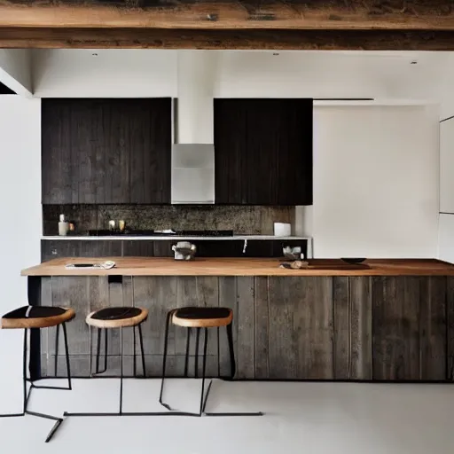 Prompt: luxury bespoke kitchen design, modern rustic, Japanese and Scandanvian influences, understated aesthetic, innovative materials and textrue, by Roundhouse Design and Charles Yorke and Davonport