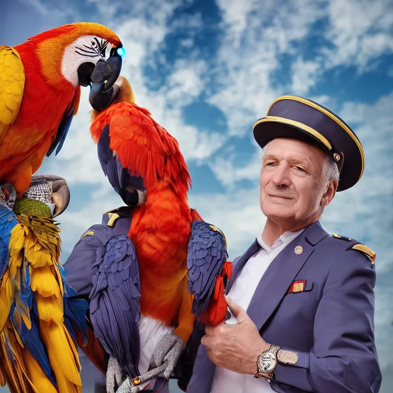 Image similar to high fashion photoshoot octane render portrait by wayne barlow and carlo crivelli and glenn fabry, a distinguished sea captain wearing a colorful uniform and holding a colorful macaw while standing on a beautiful high - end white and wood yacht, very short depth of field, bokeh