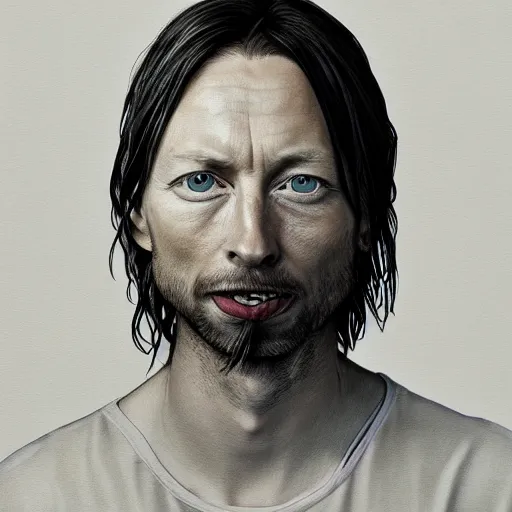 Image similar to Caricature portraits done of a young Thom Yorke, realistic, hyperrealistic, very realistic, highly detailed, very detailed, extremely detailed, detailed, oil painting, digital art, trending on artstation