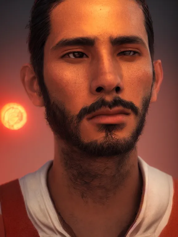 Image similar to portrait art of a very handsome Peruvian man, 8k ultra realistic, lens flare, atmosphere, glow, detailed,intricate, full of colour, cinematic lighting, trending on artstation, 4k, hyperrealistic, focused, extreme details,unreal engine 5, cinematic, masterpiece