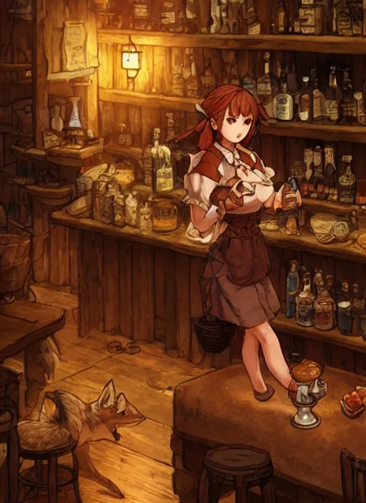 Prompt: barmaid with a coyote head in a cozy tavern, hidari, color page, tankoban, 4K, tone mapping, Akihiko Yoshida.