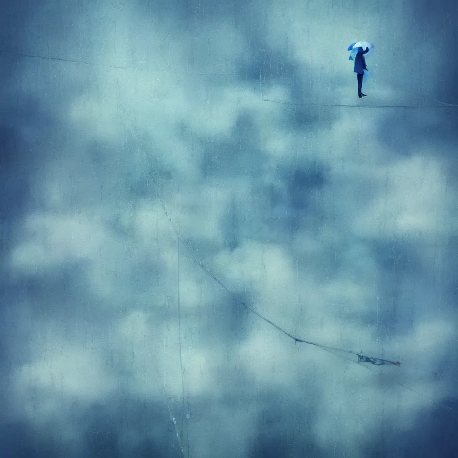 Prompt: dreamlike rainy day scene in which a tightrope walker walks amongst the clouds and falls in a city of mirrors and glass that he cannot cross. nostalgic and alienation mood. blue and indigo color scheme