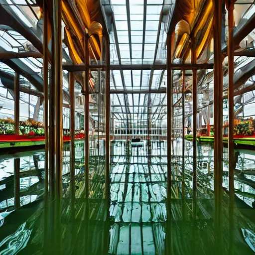 Image similar to professional photgraphy of a museum flooded with green water, water plants and lillies, wooden piers inside, great architecture by renzo piano, ambient light