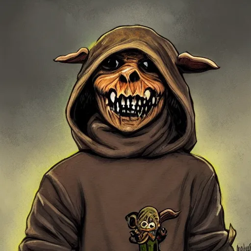 Prompt: grinning hellpunk the thieving Goblin wearing a grubby brown hoodie sweater whilst brandishing a dagger tombow