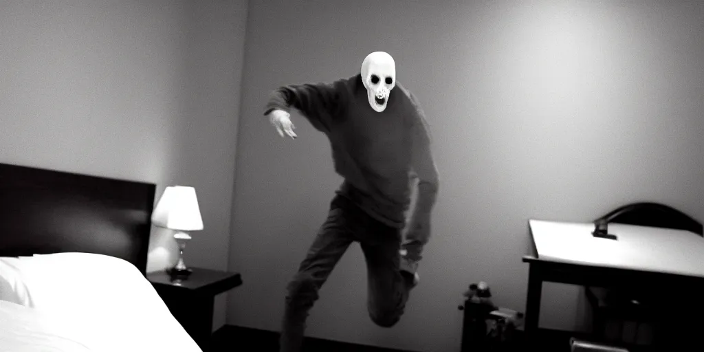 Image similar to a still shot of a scary male drug addict ghost jumpscare to camera in a hotel room, horror