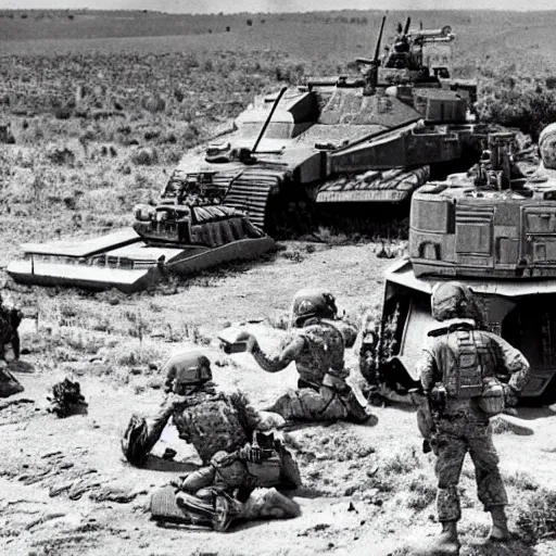 Image similar to soldiers discovering alien war machines on a battlefield in 1 9 7 0, black and white, hyper realistic, 4 k, highly ornate intricate details, sharp image, incredible detail,