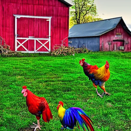 Image similar to Rainbow Roosters and Chickens Near a barn in a farm yard HDR