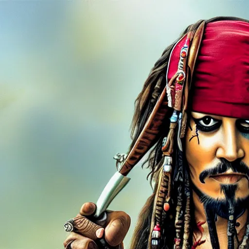 Image similar to jack sparrow with a parrot on the shoulder, portrait, 8k resolution, hyper detailed, realistic eyes
