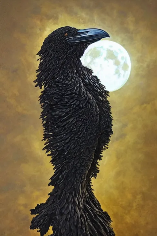 Prompt: Intricate stunning highly detailed raven by agostino arrivabene and Vladimir Kush, metal sculpture, ultra realistic, Horror, dramatic lighting, full moon, blood moon, thick black swirling smoke, volcanic smoke plume, burning fire embers