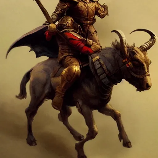 Image similar to knight riding a goat by frank frazetta, dynamic pose, chiaroscuro, fantasy, very detailed, dungeons & dragons, sharp focus, striking, artstation contest winner, detailed