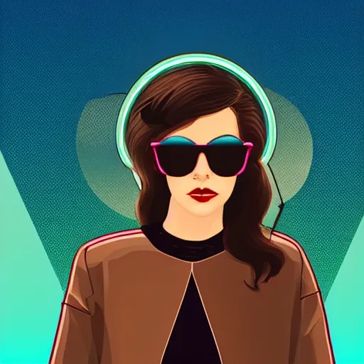 Image similar to a woman with light blue shutter shades in front of a sunset, a dark brown leather jacket, one side brown haircut with blue ends, vector art by jan tengnagel, pixabay contest winner, retrofuturism, retrowave, synthwave, outrun, portrait, synthwave