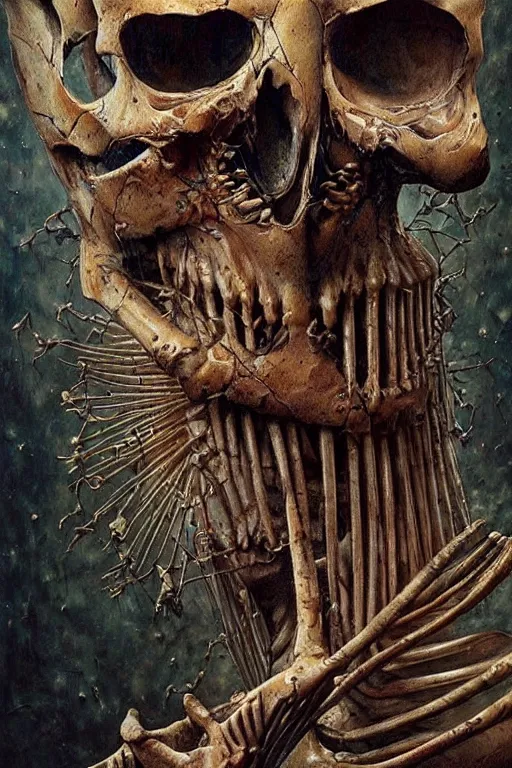 Prompt: realistic detailed statue of an owl skeleton, cracked body full of scars, made by Karol Bak and Bernini. Rich colors. Beksinski and painting. Masterpiece