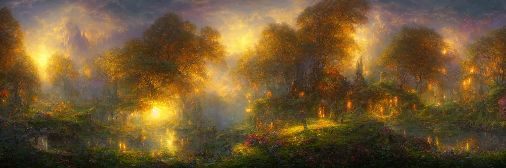 Prompt: a beautiful fantasy enchanted night landscape painting of a magical panorama visionary art by gilbert williams and john avon and marc simonetti and Mark Keathley, trending on artstation hq 8k