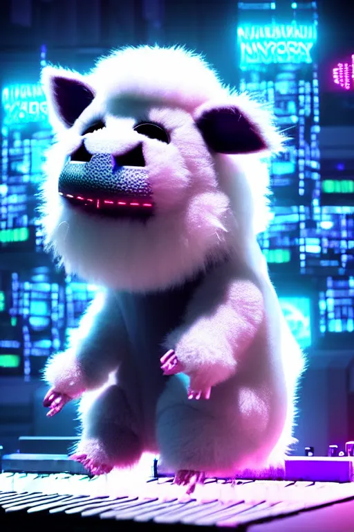 Image similar to high quality 3 d render very cute neuromancer fluffy! mutant cow playing! keyboard!!, highly detailed, unreal engine cinematic smooth, in the style of blade runner & detective pikachu, hannah yata charlie immer, moody light, low angle, uhd 8 k, sharp focus