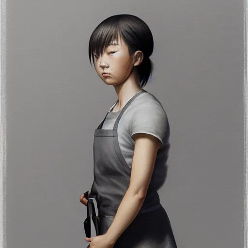 Prompt: portrait of a short muscular Japanese woman with a short ponytail wearing a gray t shirt and a work apron, dramatic lighting, illustration by Greg rutkowski, yoji shinkawa, 4k, digital art, concept art, trending on artstation