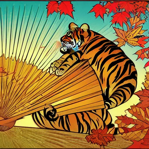 Image similar to a highly detailed cartoon cute tiger flapping a fan under sun, autumn leaves on the ground, concise lines, ultradetailed environment, sharp focus, cinematic lighting, by alphonse maria mucha and kim jung gi