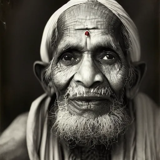 Image similar to photo, portrait of 100 year old Indian holy man by richard avedon, realistic, Leica, medium format, cinematic lighting, wet plate photography, parallax, high resolution,