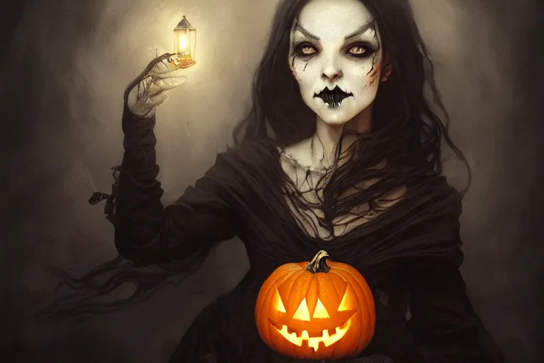 Image similar to portrait of a ghoulish victorian witch holding a jack - o - lantern, halloween night, charlie bowater, artgerm, ilya kuvshinov, krenz cushart, ruan jia, realism, ultra detailed, 8 k resolution
