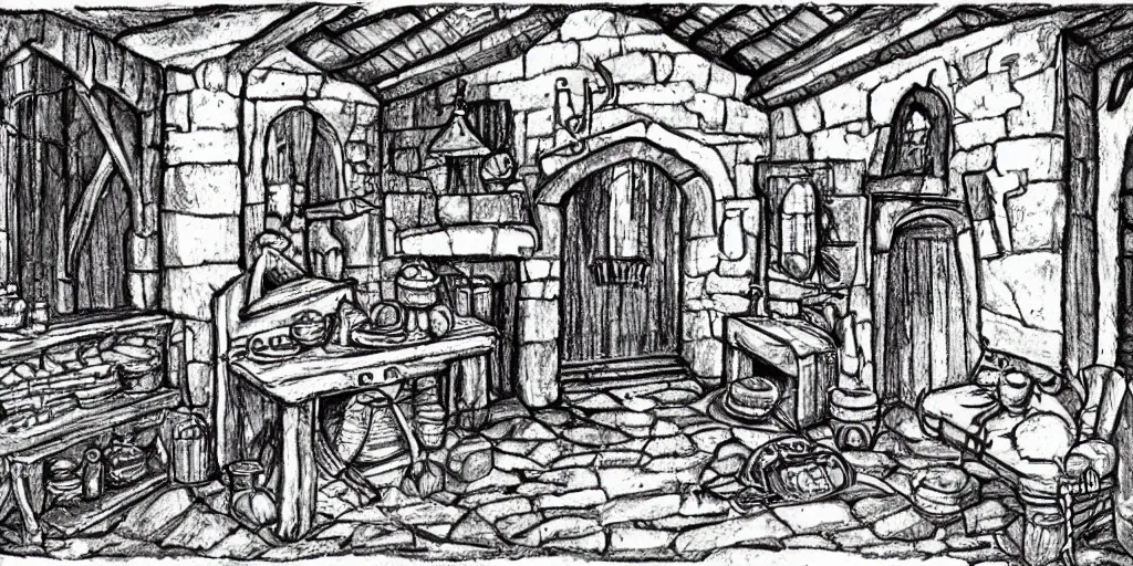 Image similar to medieval cottage interior, fantasy hand - drawn animation