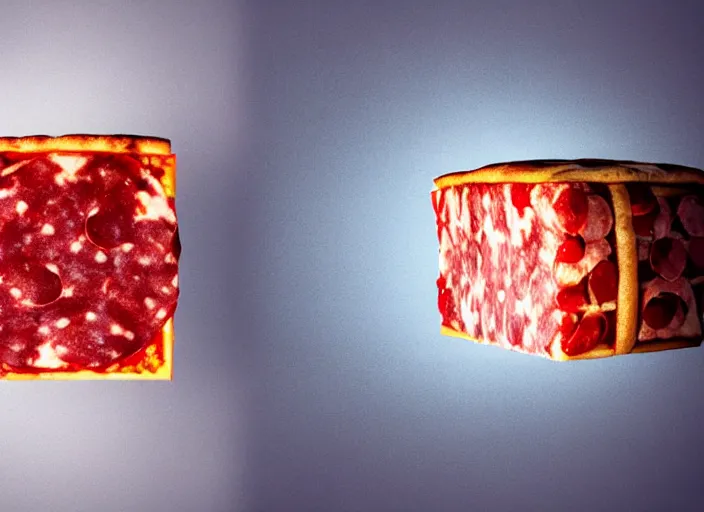 Prompt: clear highly detailed photorealistic food photograph of a big ice cube inside the cube a pizza with salami and pepperoni, the cube refracts the sunlight, volumetric