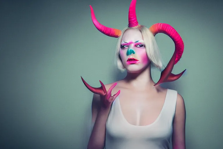 Image similar to pretty demon girl with horns photograph in the style of clemens ascher, colorful, realistic, 8 k