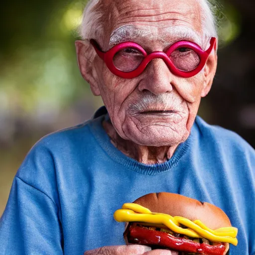 Image similar to an elderly man wearing a mask made from a hotdog, bold natural colors, national geographic photography, masterpiece, 8 k, raw, unedited, symmetrical balance