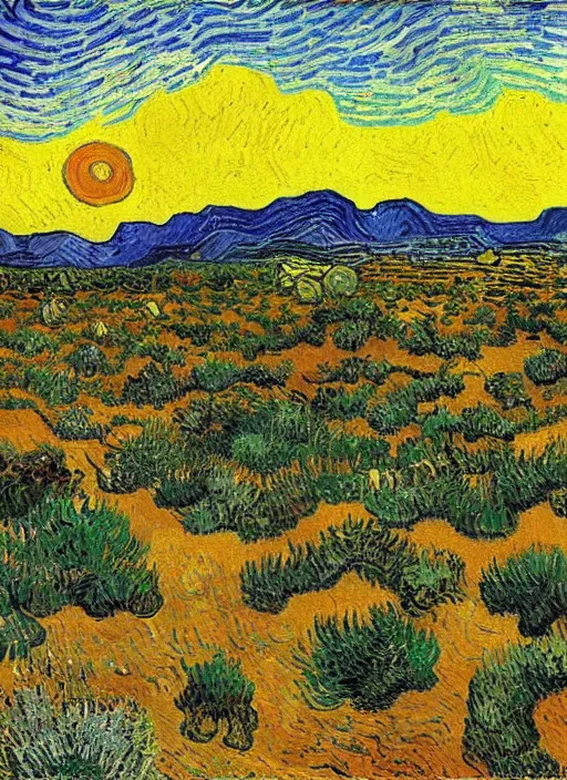 Prompt: high detailed oil painting of sunrise in the desert painted by vincent van gogh