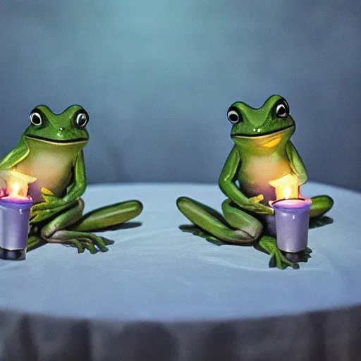 Image similar to intricate romantic candle light dinner of two frogs