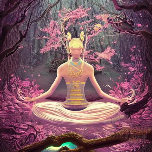 Image similar to magical samurai floating meditating in enchanted forest, digital art, surreal, beautiful, detailed, highly detailed, intricate, powerful warrior, glowing, prismatic, pearlescent