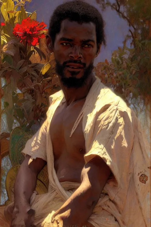 Prompt: attractive african man, painting by gaston bussiere, craig mullins, greg rutkowski, alphonse mucha