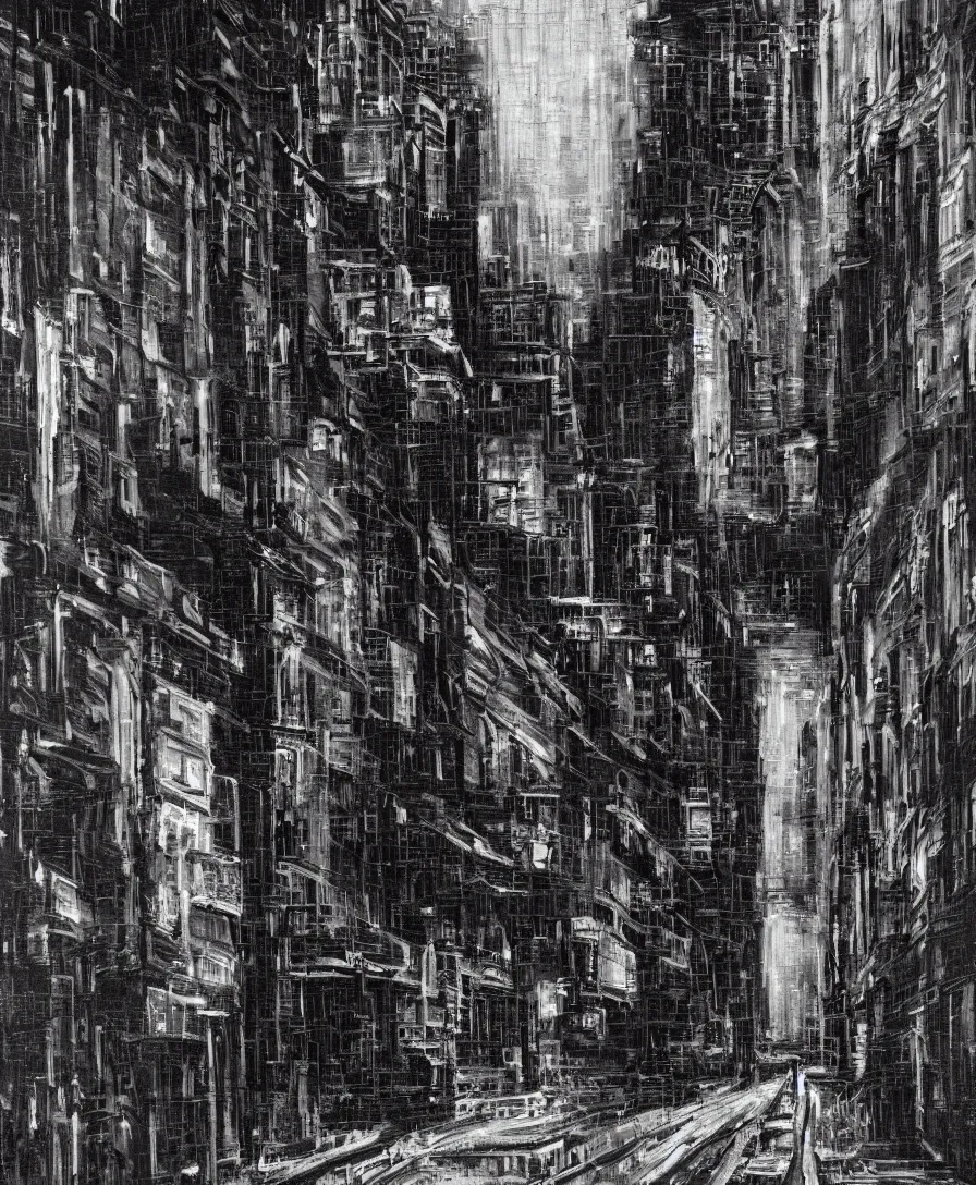 Prompt: cityscape alleyway dark grungy new york painting in the style of Bob Ross