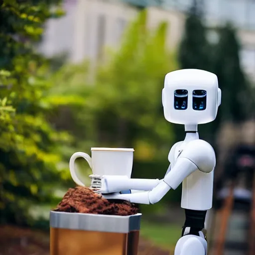 Image similar to feminine robot holding coffee outside, photograph