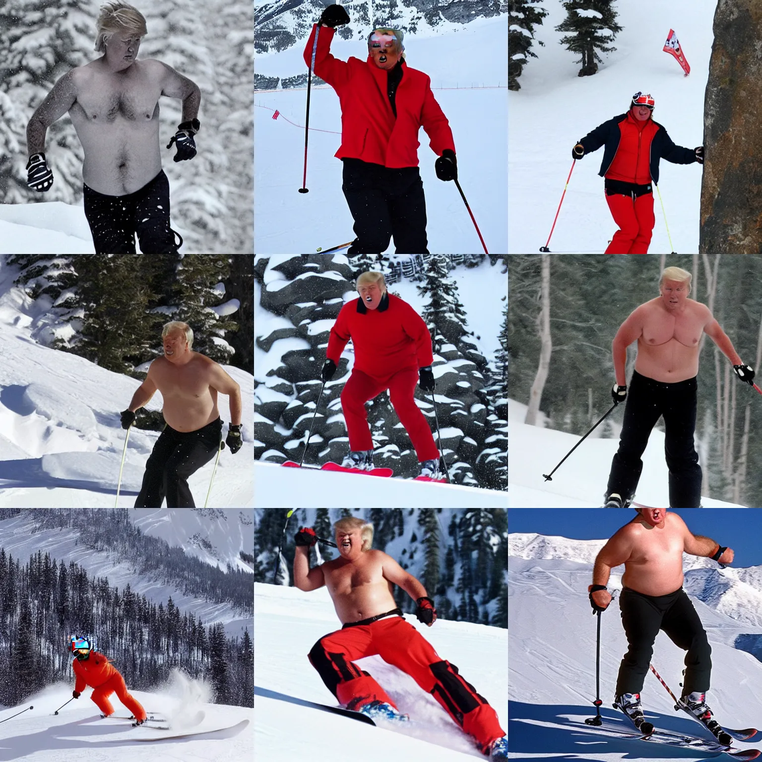 Prompt: shirtless chubby donald trump skiing down a mountain