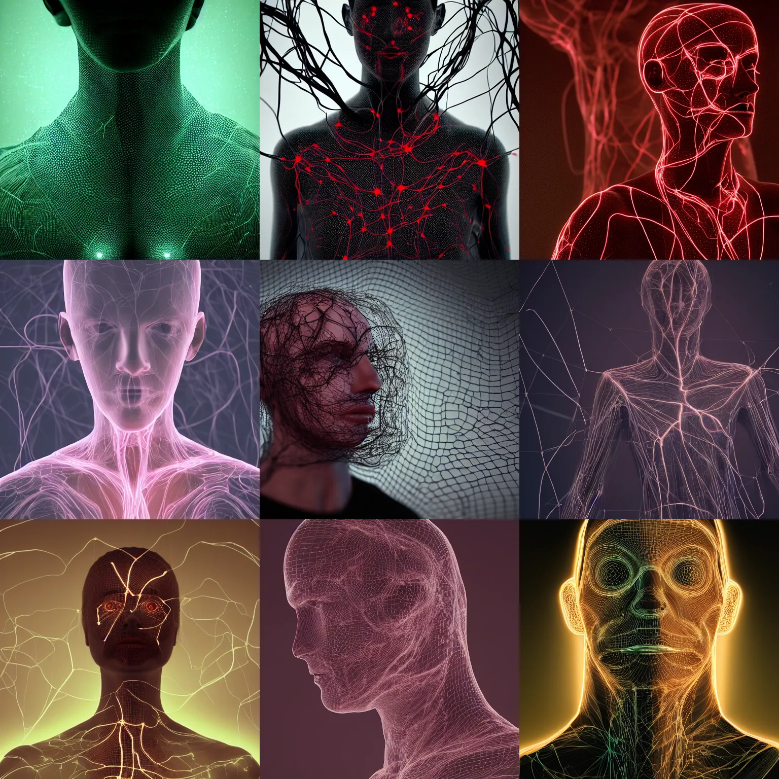 Prompt: a mesh representing human form composed of dark neurons and veins, see - through, subsurface illumination, cinematic, octane rander, photograph, 3 d, detail, character concept, portrait, dramatic lighting