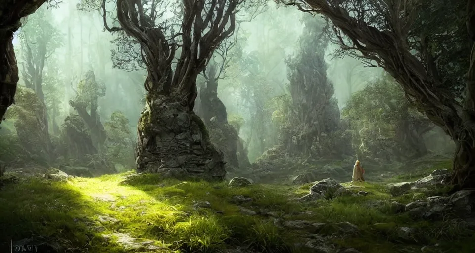 Image similar to Beautiful uplifting glade bg. Elven stone monuments along the pathway. J.R.R. Tolkien's Middle-Earth. Trending on Artstation. Digital illustration. Artwork by Darek Zabrocki and Sylvain Sarrailh. Concept art, Concept Design, Illustration, Marketing Illustration, 3ds Max, Blender, Keyshot, Unreal Engine, ZBrush, 3DCoat, World Machine, SpeedTree, 3D Modelling, Digital Painting, Matte Painting, Character Design, Environment Design, Game Design, After Effects, Maya, Photoshop.