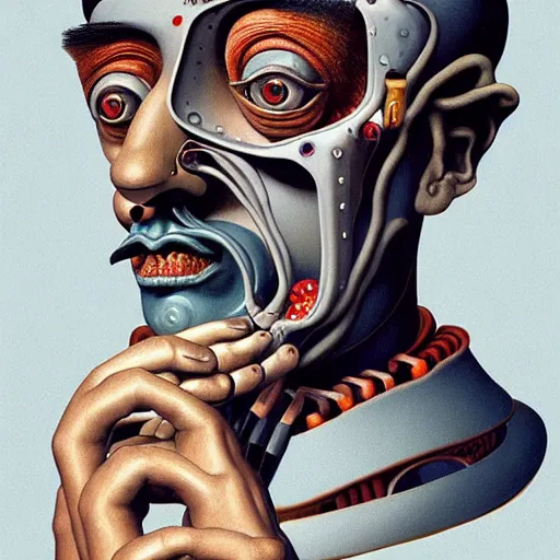 Prompt: Salvador dali portrait half face robot,highly detailed, very coherent, painted by Francis Bacon and Edward Hopper, Wayne Barlowe, painted by James Gilleard, surrealism, airbrush, art by JamesJean