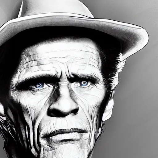 Image similar to william dafoe, portrait, in the style of alex ross, 2 d, 4 k, unreal, intricate, digital painting, highly detailed, artstation, sharp focus, illustration,