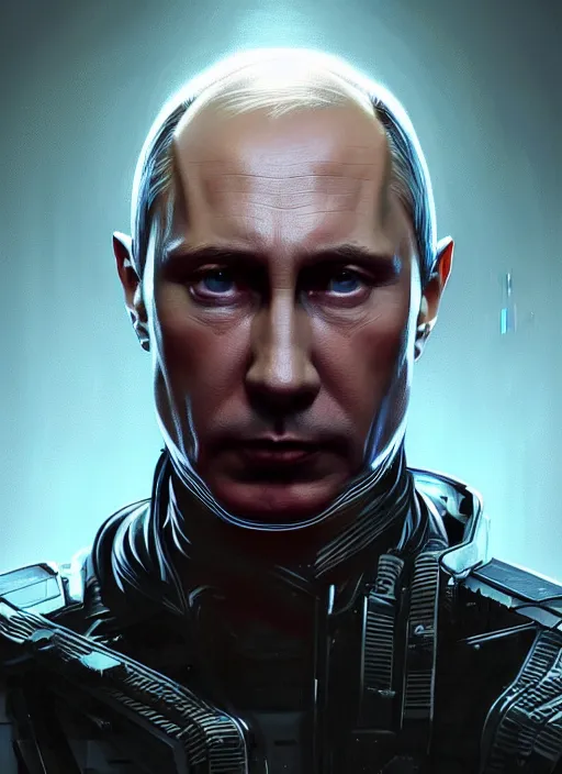 Image similar to portrait of Vladimir Putin as a character in arabian Cyberpunk 2077, looking at camera, intricate, dystopian, sci-fi, extremely detailed, digital painting, artstation, concept art, smooth, sharp focus, illustration, intimidating lighting, incredible art by artgerm and greg rutkowski and alphonse mucha and simon stalenhag