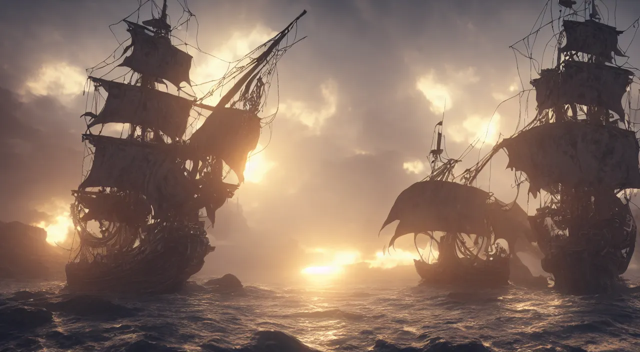 Image similar to ghost pirate ship with a pirate on the foreground, highly detailed, photorealistic portrait, bright studio setting, studio lighting, crisp quality and light reflections, unreal engine 5 quality render