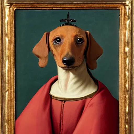 Image similar to a renaissance style portrait painting of a dachshund, wearing a crown and cape, dark background