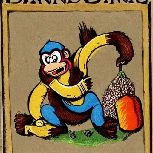 Image similar to Donkey Kong slips on a banana with a bunch on his arms, medieval text book art