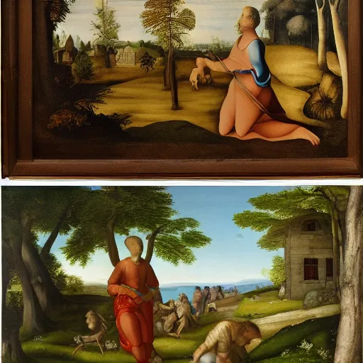 Prompt: two side by side identical renaissance paintings of a cottage in the woods