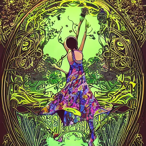 Prompt: art nouveau print hippies dancing in a flower forest, magic occult ceremony ritual summoning guitar, flowing forms, viewed from below, by pascal blanche, ultra wide angle, beautiful sky, highly detailed, 8 k artstation