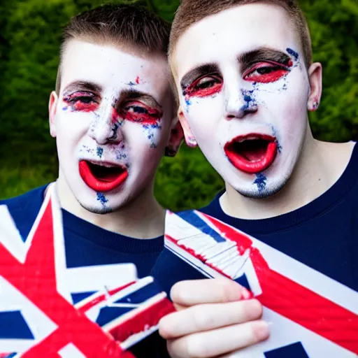 Prompt: mid-shot portrait photograph of two male British chav youths holding box cutter knives, with white powder on their faces, wearing the Union Jack, high quality