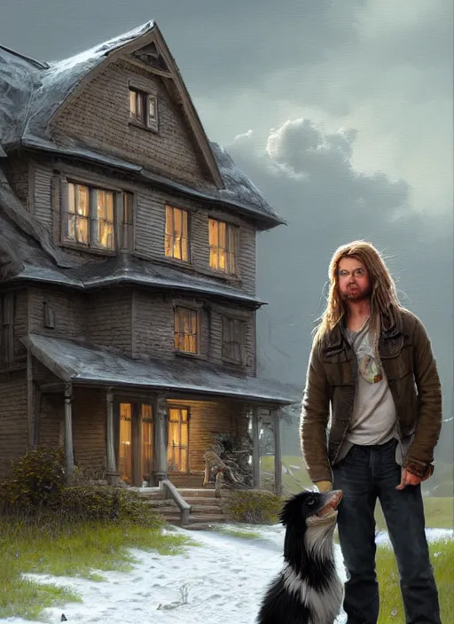 Image similar to highly detailed hyperrealistic painting of a blonde long - haired hillbilly in front of old style house, with his fluffy black and gray australian shepherd, stephen bliss, art by greg rutkowski, loish, rhads, ferdinand knab, makoto shinkai and lois van baarle, tom bagshaw, global illumination, artstation