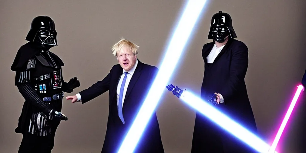 Image similar to boris johnson in a intense light saber battle with darf vader